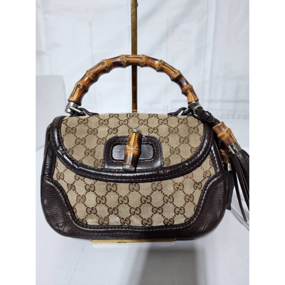 SOLD*Authentic GUCCI GG Canvas And Leather New Bamboo Top Handle Bag Beige/Brown - Picture 1 of 16